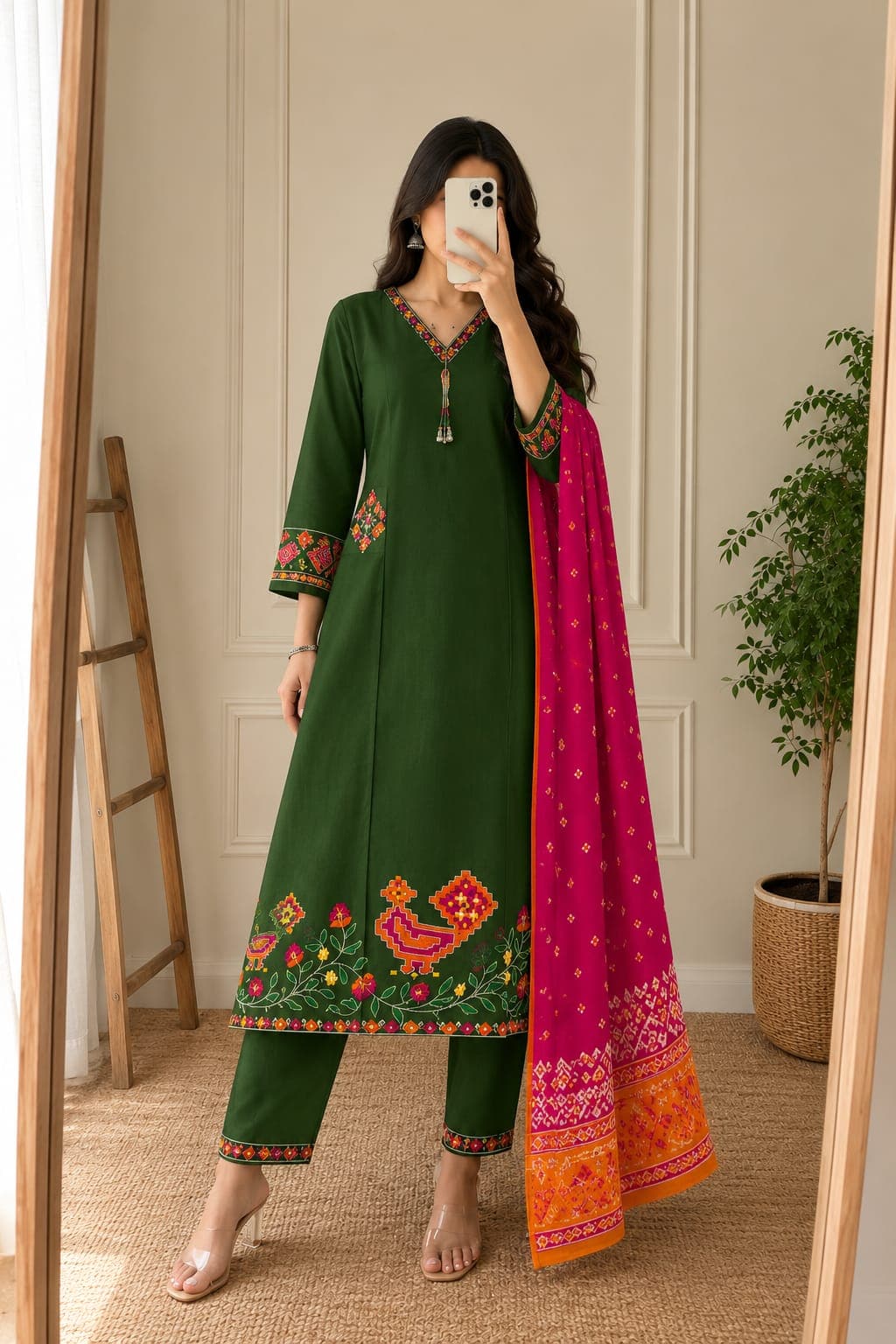 Women's Dark Green Embroidered Kurta Pant with Contrast Pink Dupatta | Ethnic Cotton Blend Suit Set | Festive & Casual Wear — 1