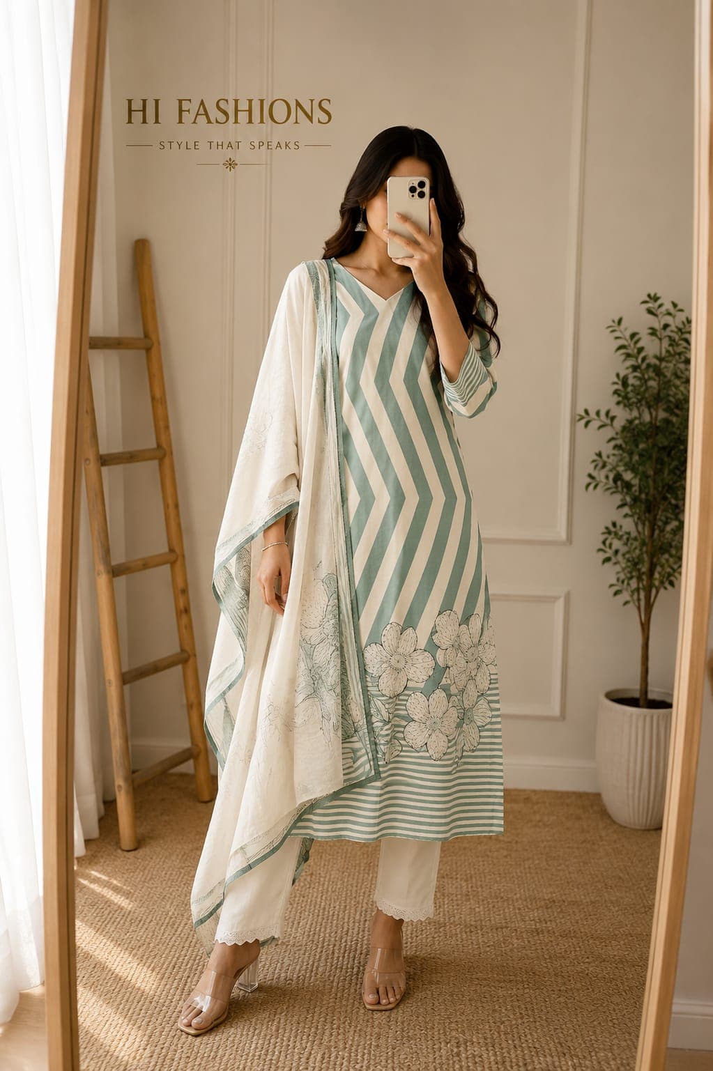 Women's White & Sage Green Chevron Printed Kurta Pant with Dupatta Set | Cotton Blend Ethnic Suit | Elegant Daily & Festive Wear — 1